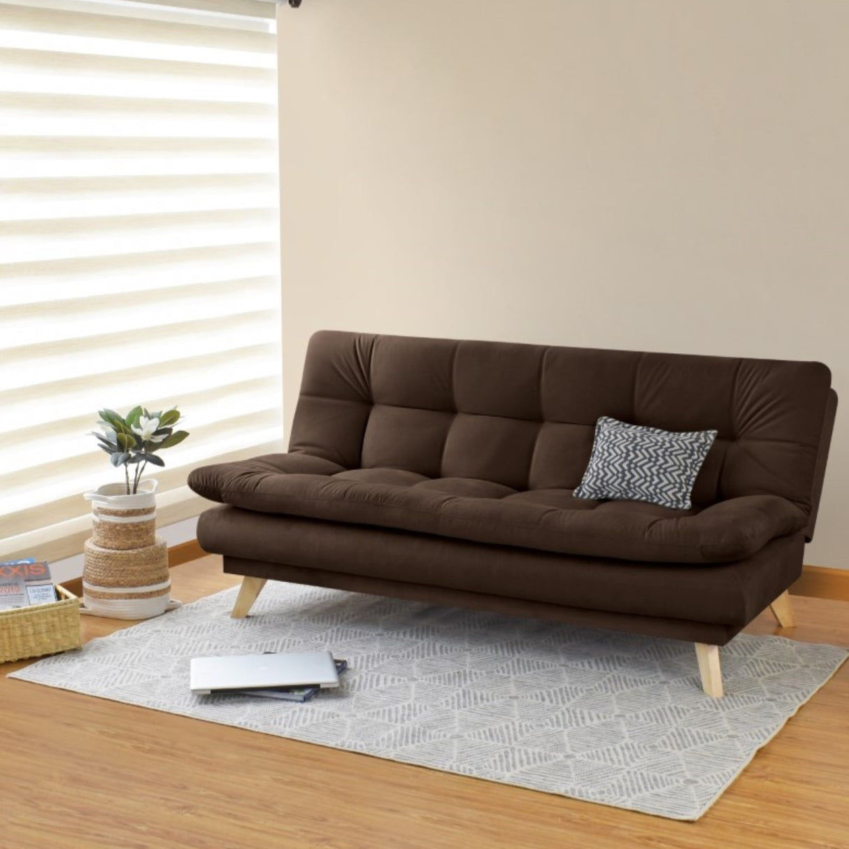Sofá Cama Munich Chocolate Denver y Matiz Natural 180x85cm de Tres Puestos Reclinable sin Apoya Brazos