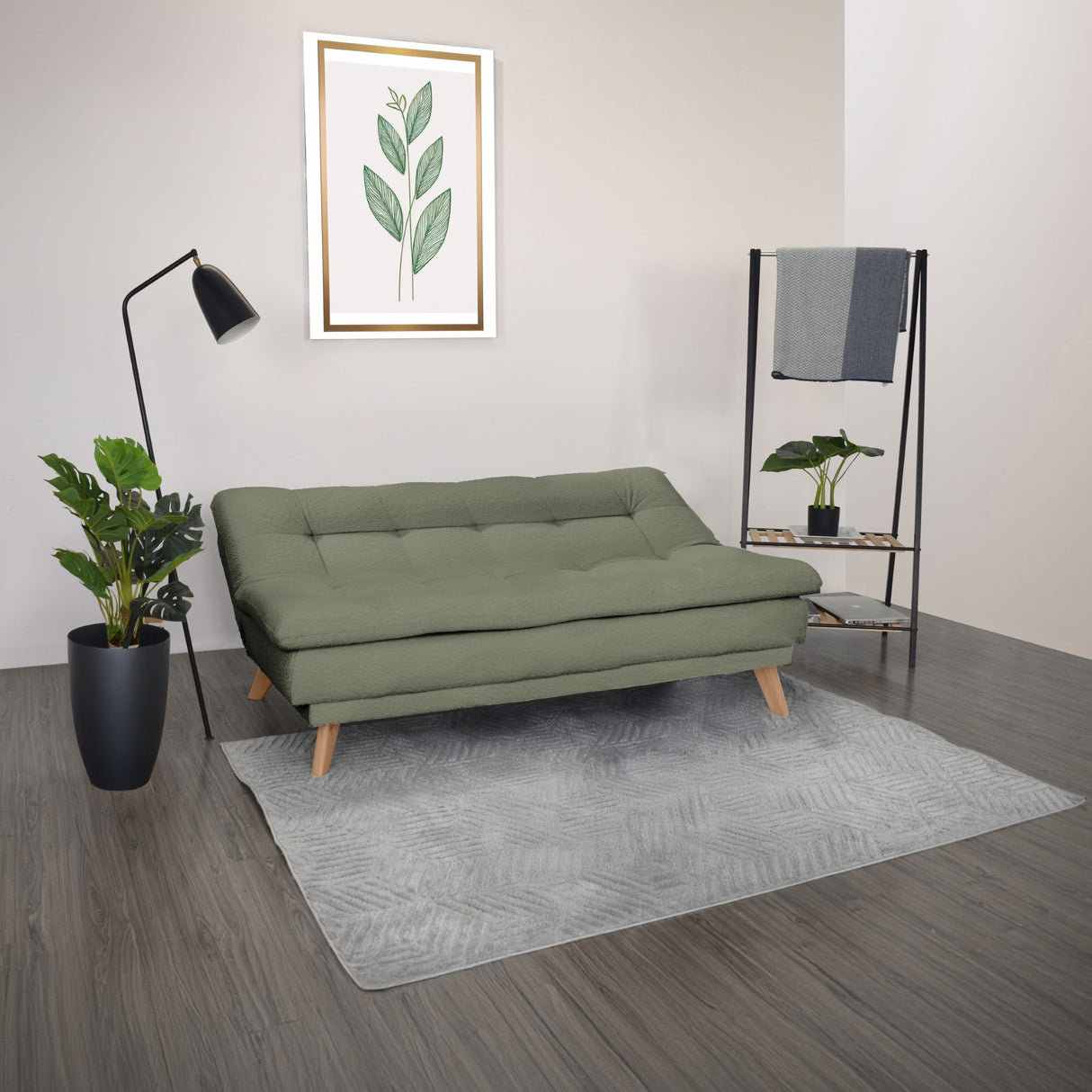 Sofá Cama Munich Verde Shaggy y Matiz Natural 180x85cm de Tres Puestos Reclinable sin Apoya Brazos