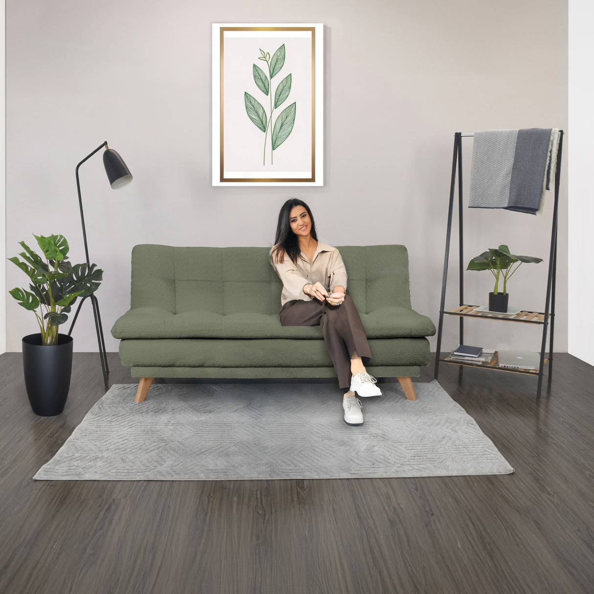 Sofá Cama Munich Verde Shaggy y Matiz Natural 180x85cm de Tres Puestos Reclinable sin Apoya Brazos