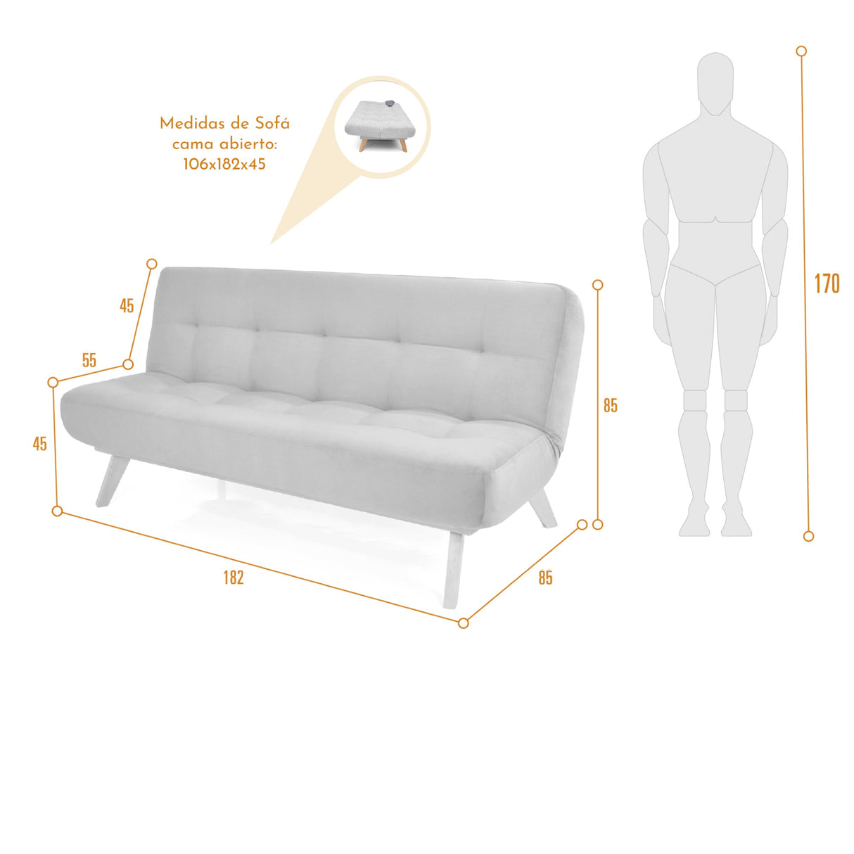 Sofá Cama Porto Petróleo Eureka y Matiz Natural 182x85cm de Tres Puestos Reclinable sin Apoya Brazos