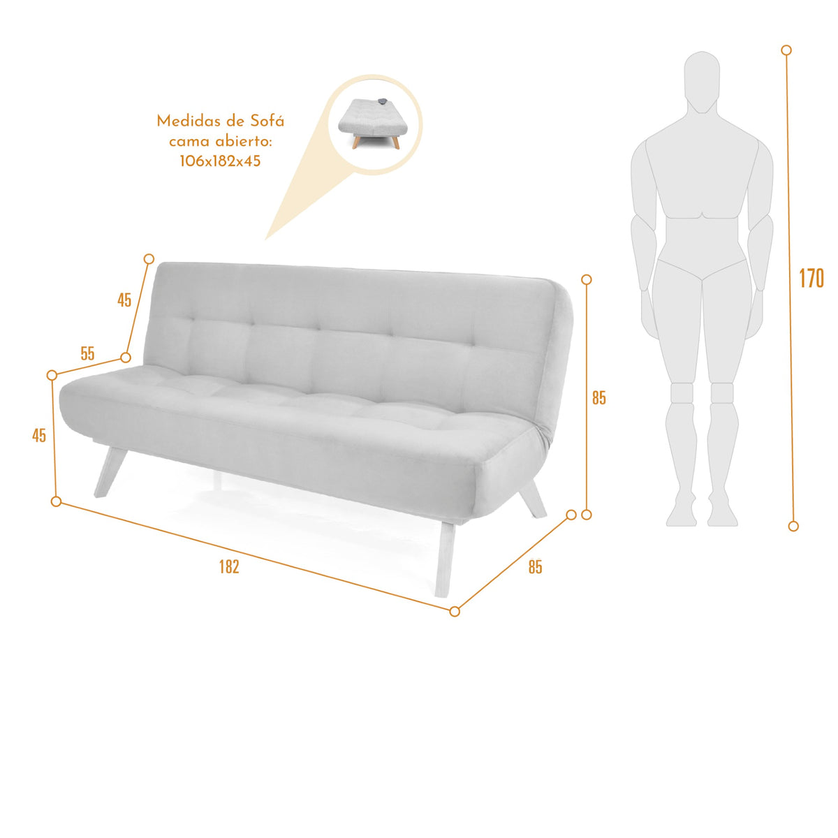 Sofá Cama Porto Gris Dorsey y Matiz Natural 182x85cm de Tres Puestos Reclinable sin Apoya Brazos
