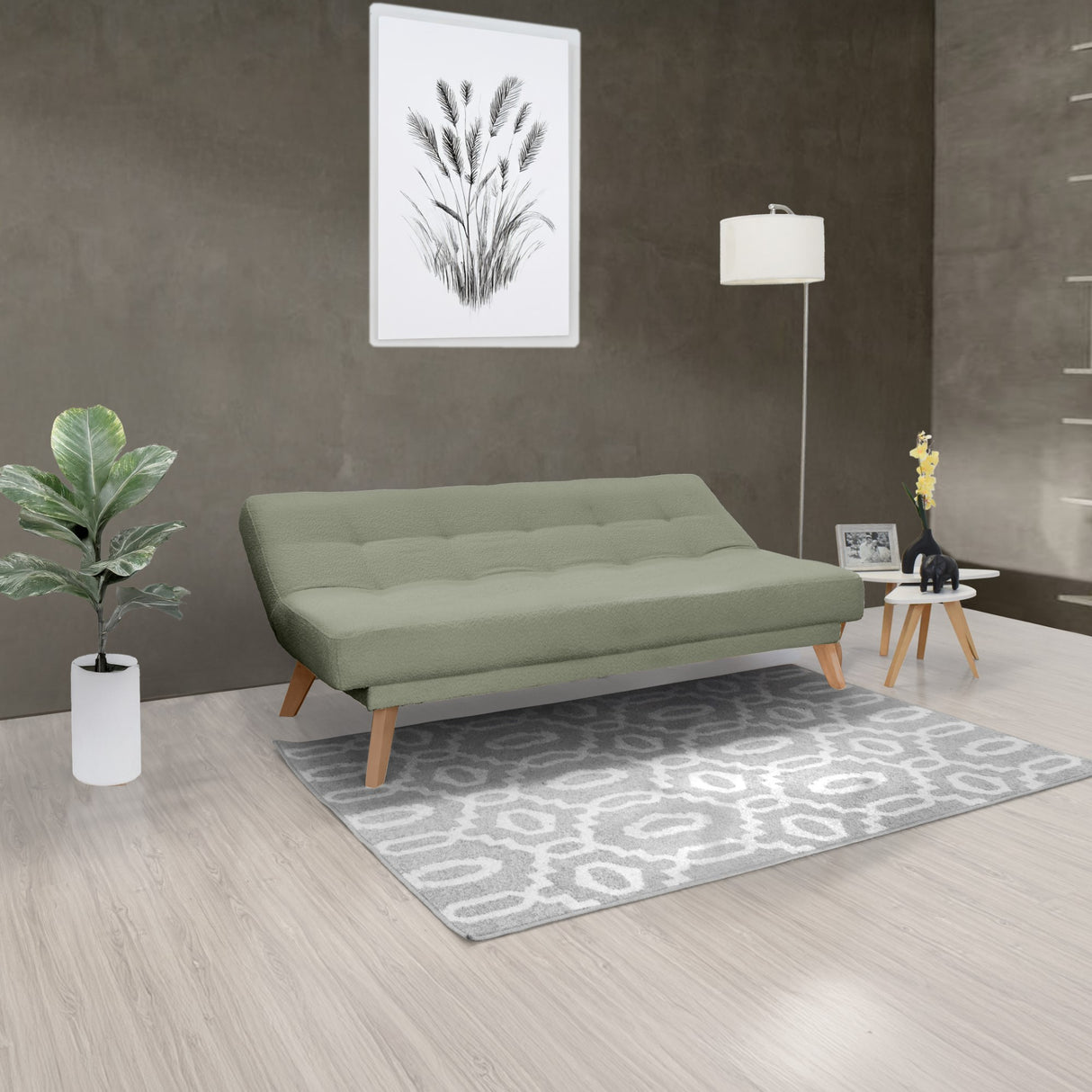 Sofá Cama Porto Verde Shaggy y Matiz Natural 182x85cm de Tres Puestos Reclinable sin Apoya Brazos