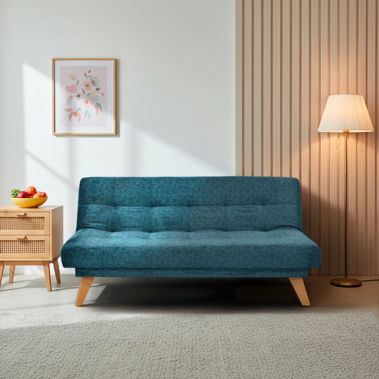 Sofá Cama Porto Azul Sky y Matiz Natural 182x85cm de Tres Puestos Reclinable sin Apoya Brazos