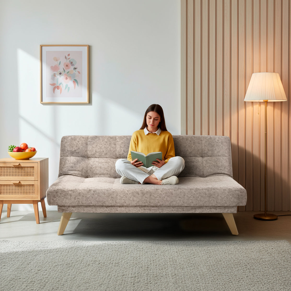 Sofá Cama Porto Taupe Sky y Matiz Natural 182x85cm de Tres Puestos Reclinable sin Apoya Brazos