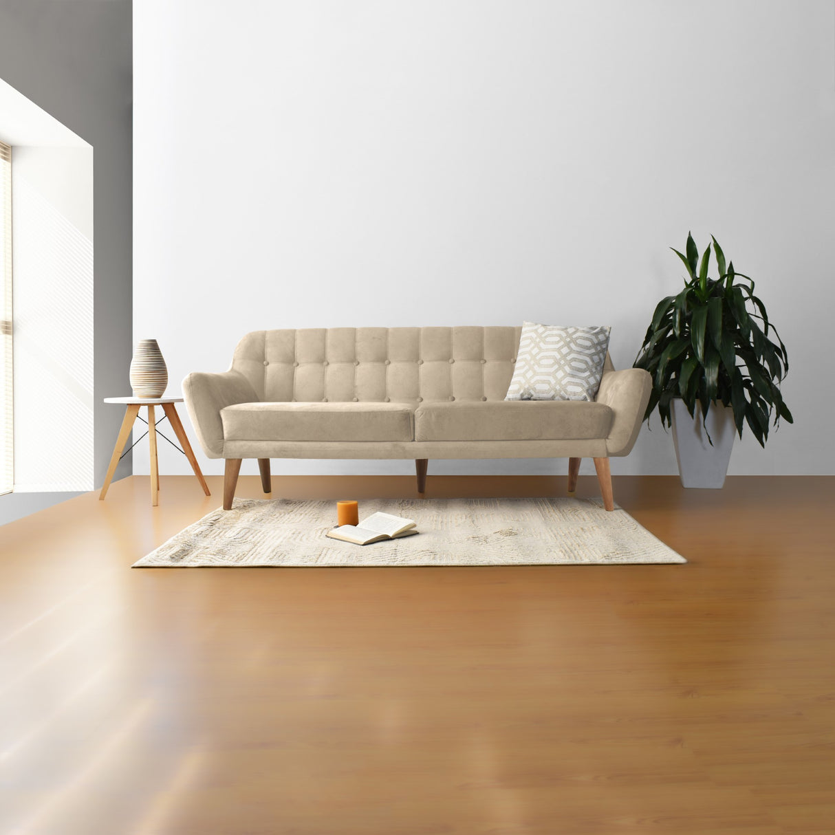 Sofá Roma Beige Sky y Matiz Caoba 194x78cm de Tres Puestos con Apoya Brazos