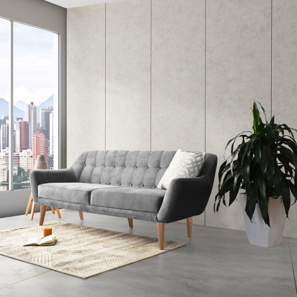 Sofá Roma Gris Sky y Matiz Caoba 194x78cm de Tres Puestos con Apoya Brazos