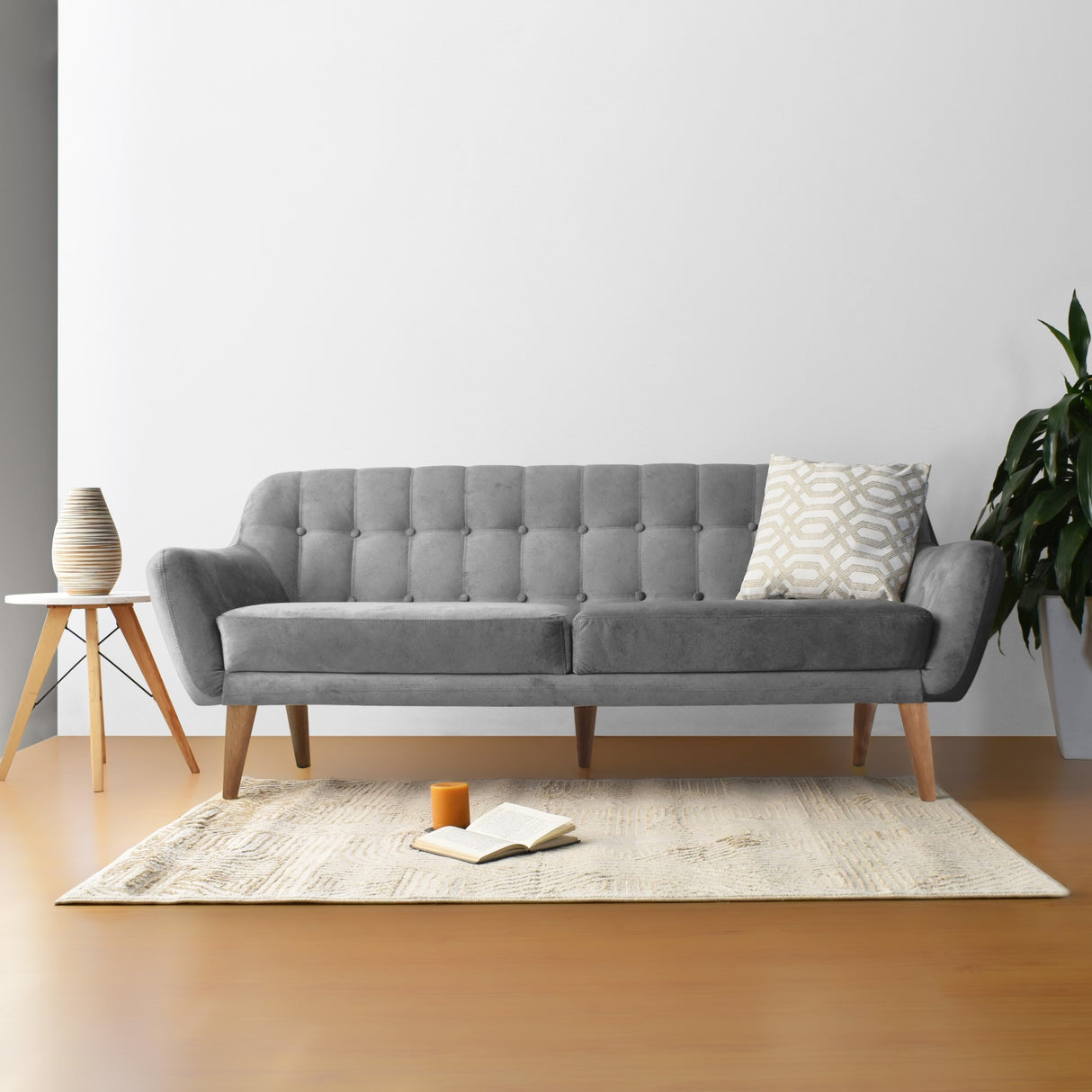 Sofá Roma Gris Sky y Matiz Caoba 194x78cm de Tres Puestos con Apoya Brazos