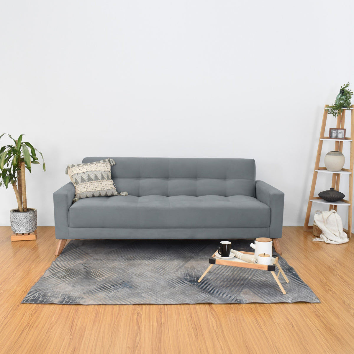 Sofá Cama Sahara Gris Denver y Matiz Caoba 206x82cm de Tres Puestos Reclinable con Apoya Brazos