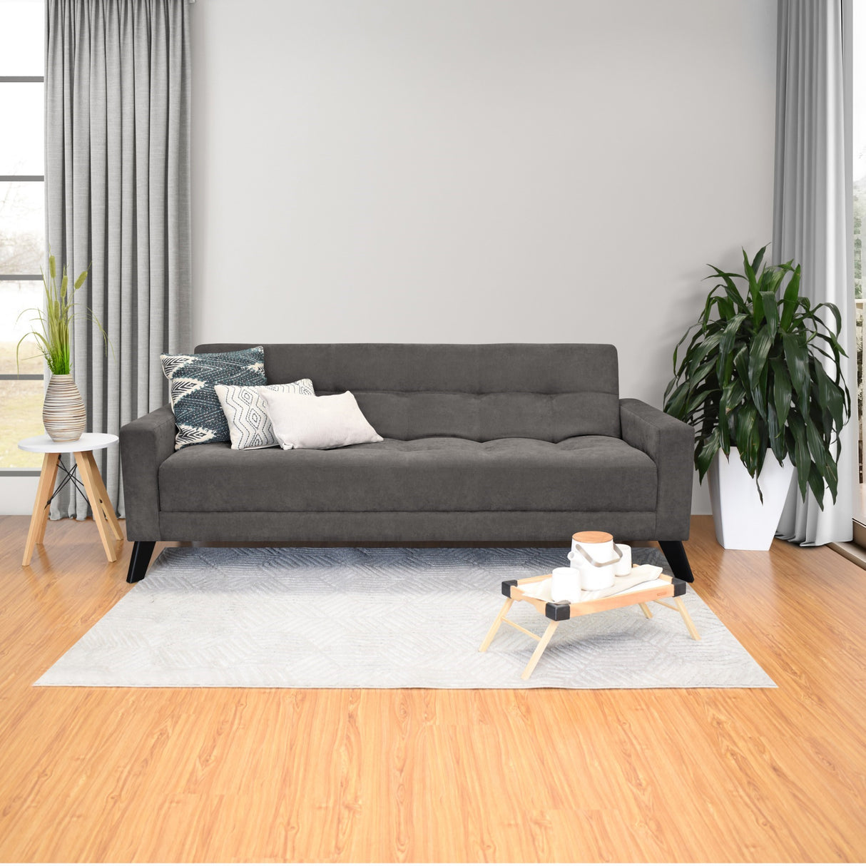 Sofá Cama Sahara Gris Dorsey y Matiz Negro 206x82cm de Tres Puestos Reclinable con Apoya Brazos