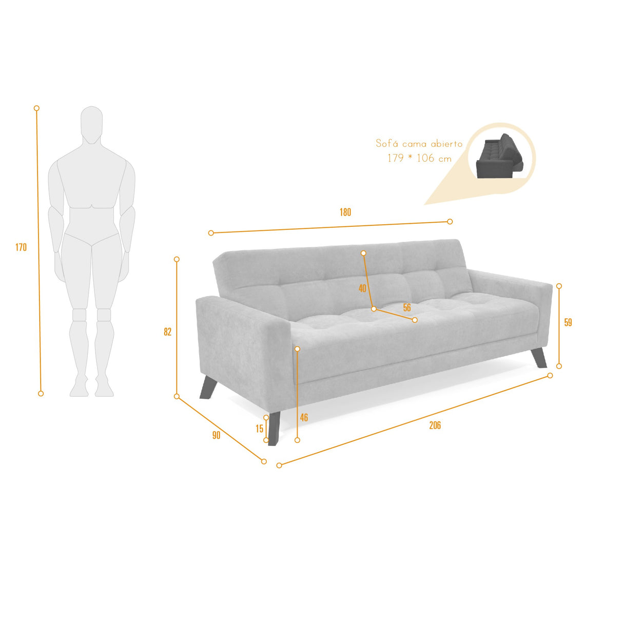 Sofá Cama Sahara Gris Dorsey y Matiz Negro 206x82cm de Tres Puestos Reclinable con Apoya Brazos