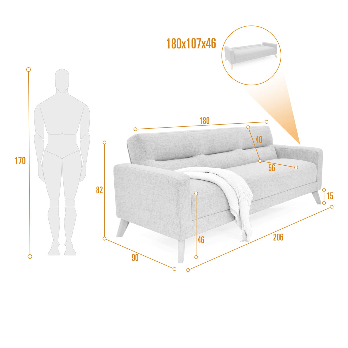 Sofá Cama Sion Plomo Eureka y Matiz Natural 206x82cm de Tres Puestos Reclinable con Apoya Brazos