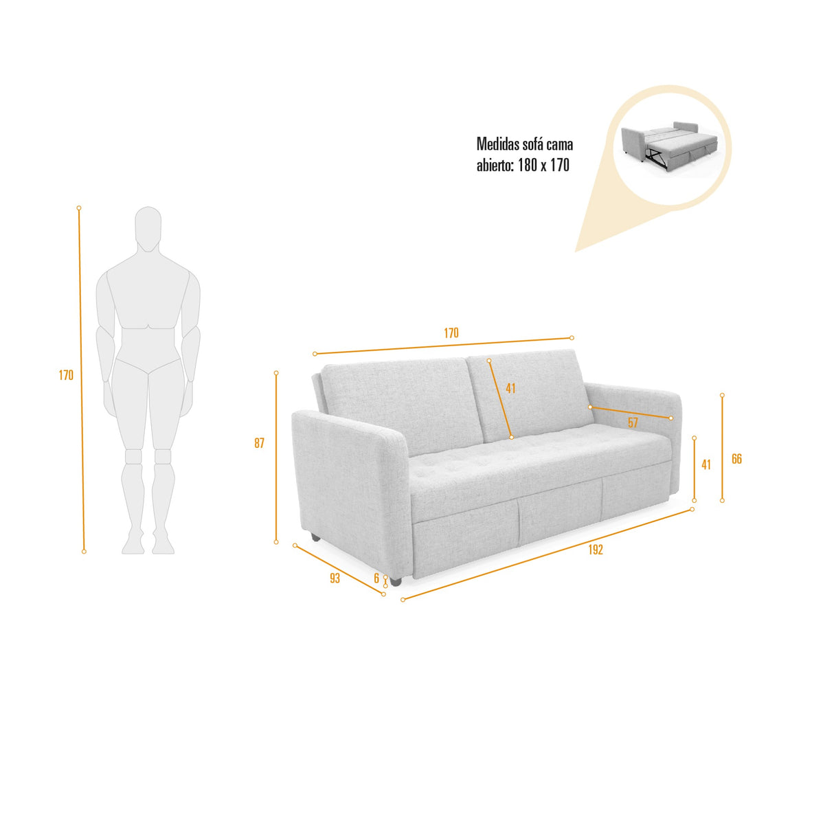 Sofá Cama Uganda Plata Eureka y Matiz Caramelo 192x87cm de Tres Puestos con Apoya Brazos