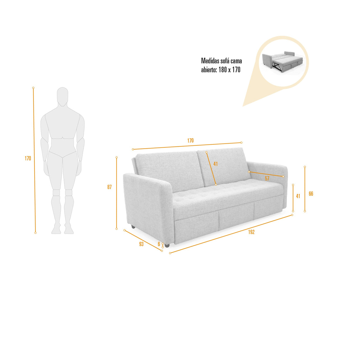 Sofá Cama Uganda Plomo Eureka y Matiz Caramelo 192x87cm de Tres Puestos con Apoya Brazos