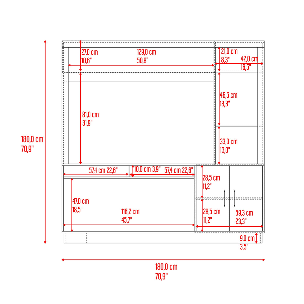 Centro de Entretenimiento Cantabria Avellana 180x180cm Para TV Hasta 55 Pulgadas con Un Cajón