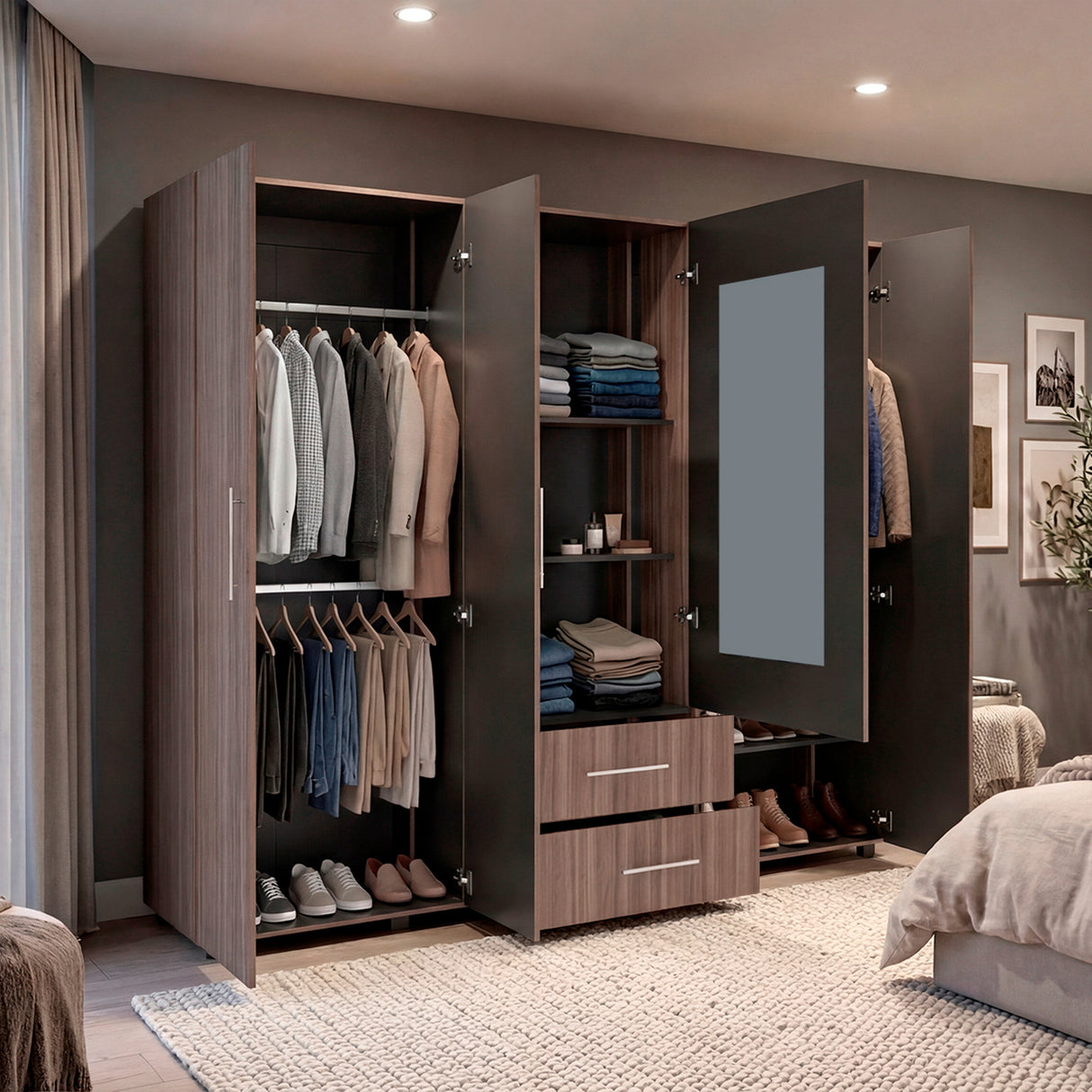 Closet Bigaf Avellana y Wengue 230x200cm Con Dos Cajones y Cuatro Entrepaños y Espejo