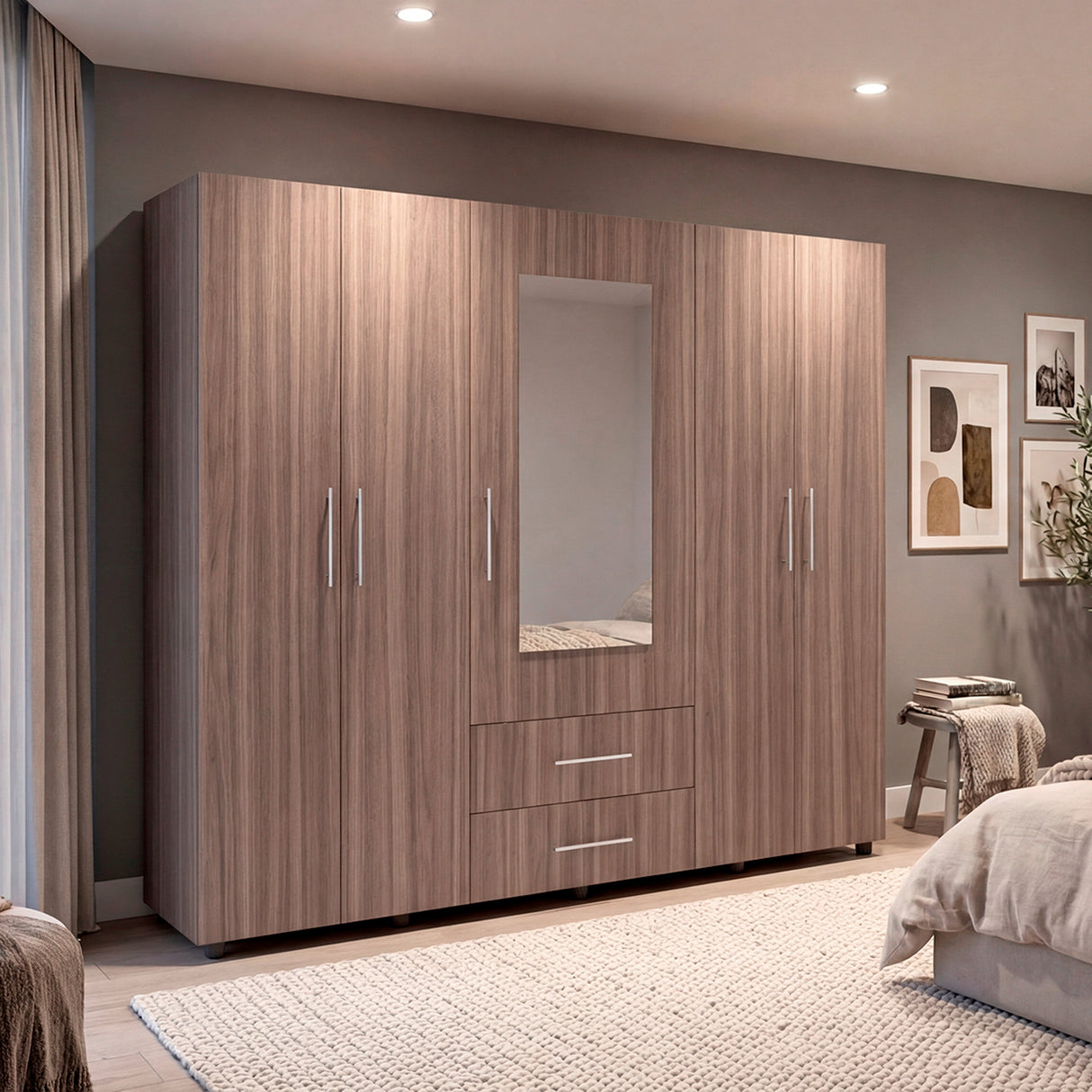 Closet Bigaf Avellana y Wengue 230x200cm Con Dos Cajones y Cuatro Entrepaños y Espejo