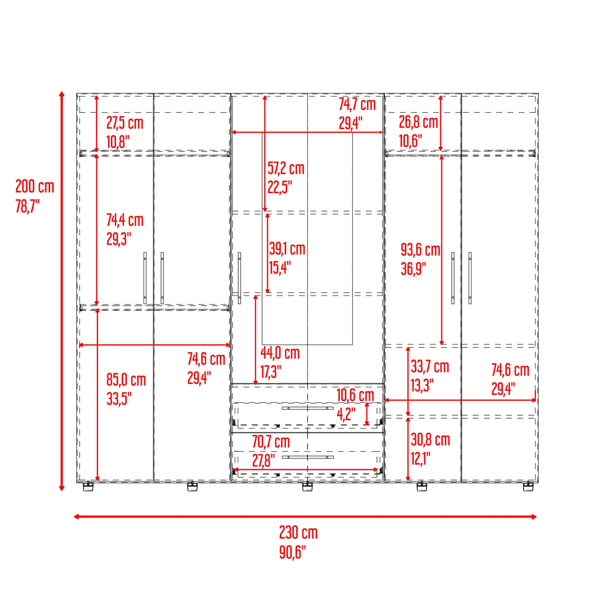 Closet Bigaf Avellana y Wengue 230x200cm Con Dos Cajones y Cuatro Entrepaños y Espejo
