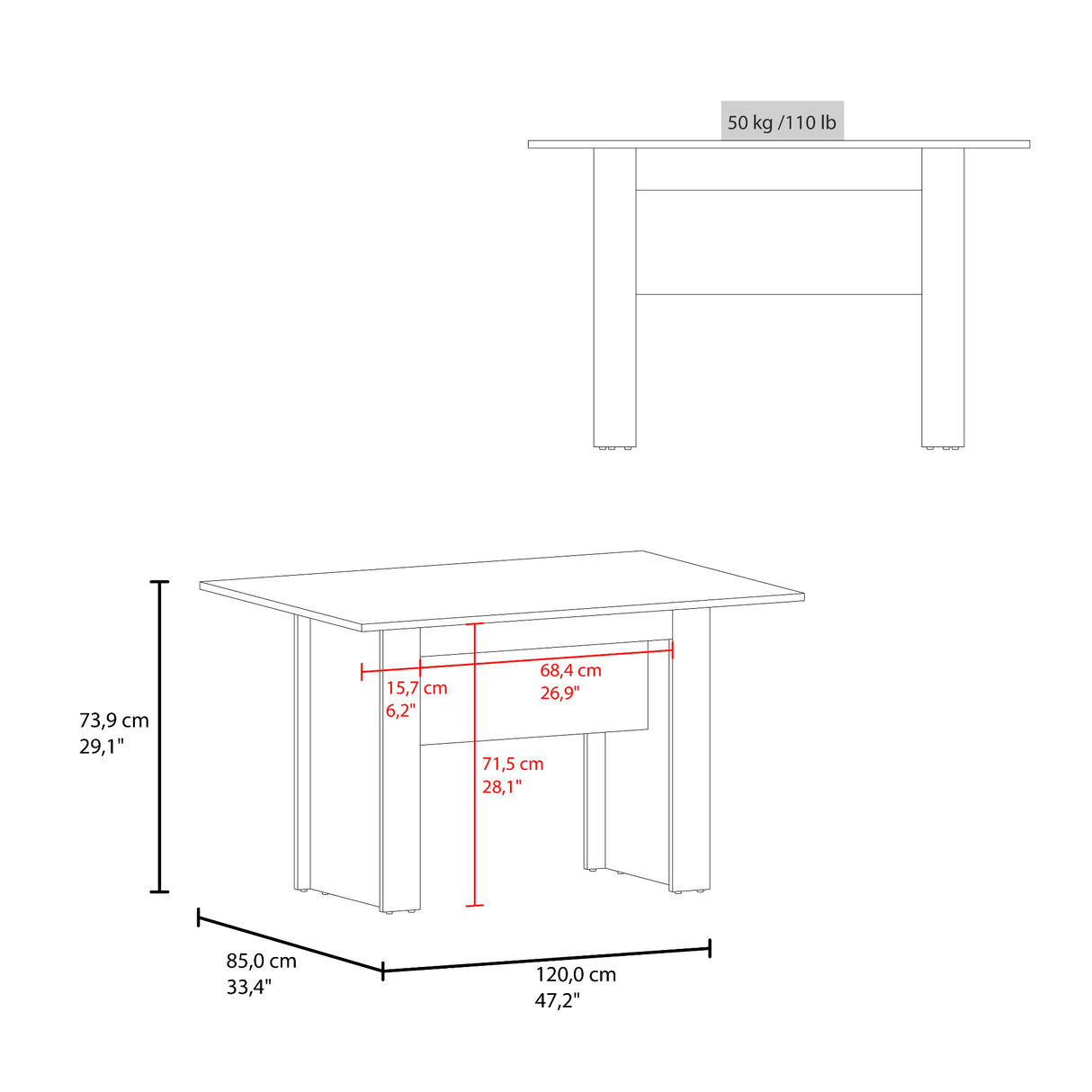 Mesa de Comedor Classic Avellana 120x73.9cm Rectangular de Cuatro Puestos sin Sillas