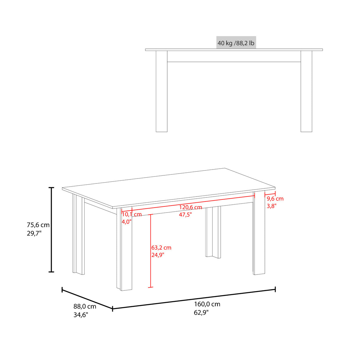 Mesa de comedor Portofino Positano 160x75.6cm Rectangular de Cuatro Puestos sin Sillas