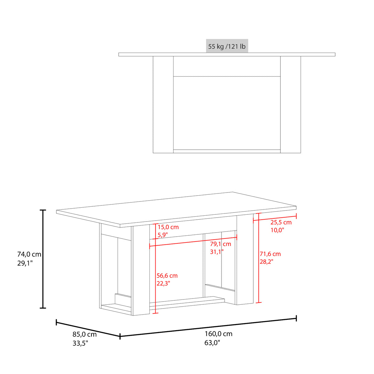 Mesa de comedor Volterra Cartagena 160x74cm Rectangular de Cuatro Puestos sin Sillas