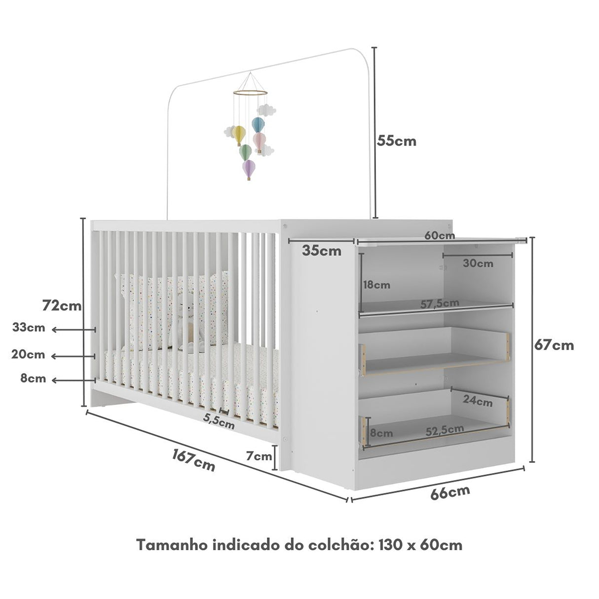 Cuna con Cómoda Blanco 68x73cm para Colchón Infantil 60 X 130 Cm con Colchón y sin Cabecero