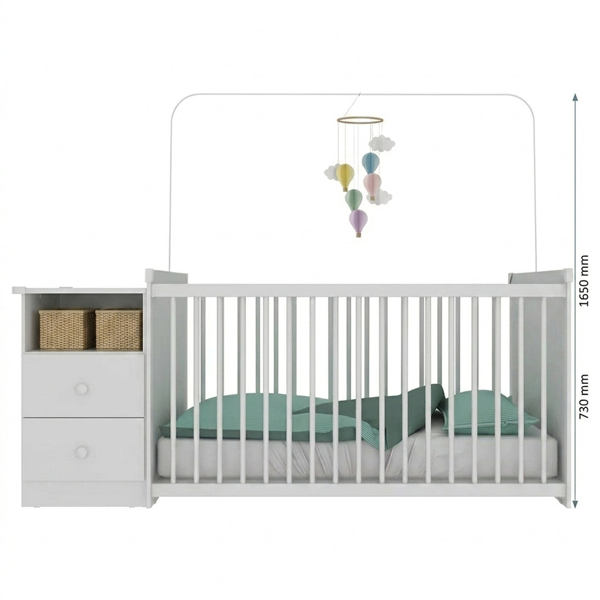 Cuna con Cómoda Blanco 68x73cm para Colchón Infantil 60 X 130 Cm con Colchón y sin Cabecero