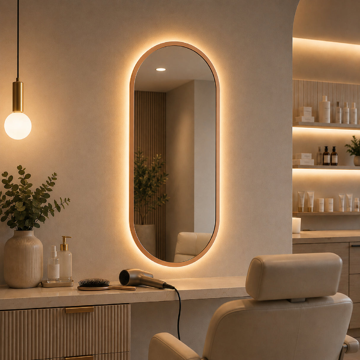 Espejo de Pared Led Oro Rosa 50x100cm Ovalado Luz Cálida con Marco En Madera
