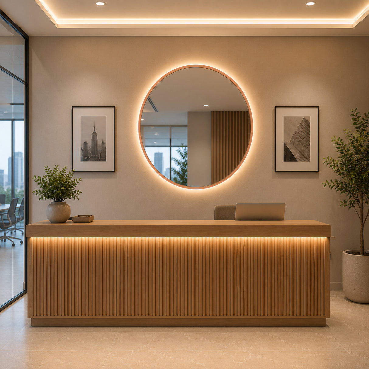 Espejo de Pared Led Oro Rosa 80x80cm Redondo Luz Cálida con Marco En Madera