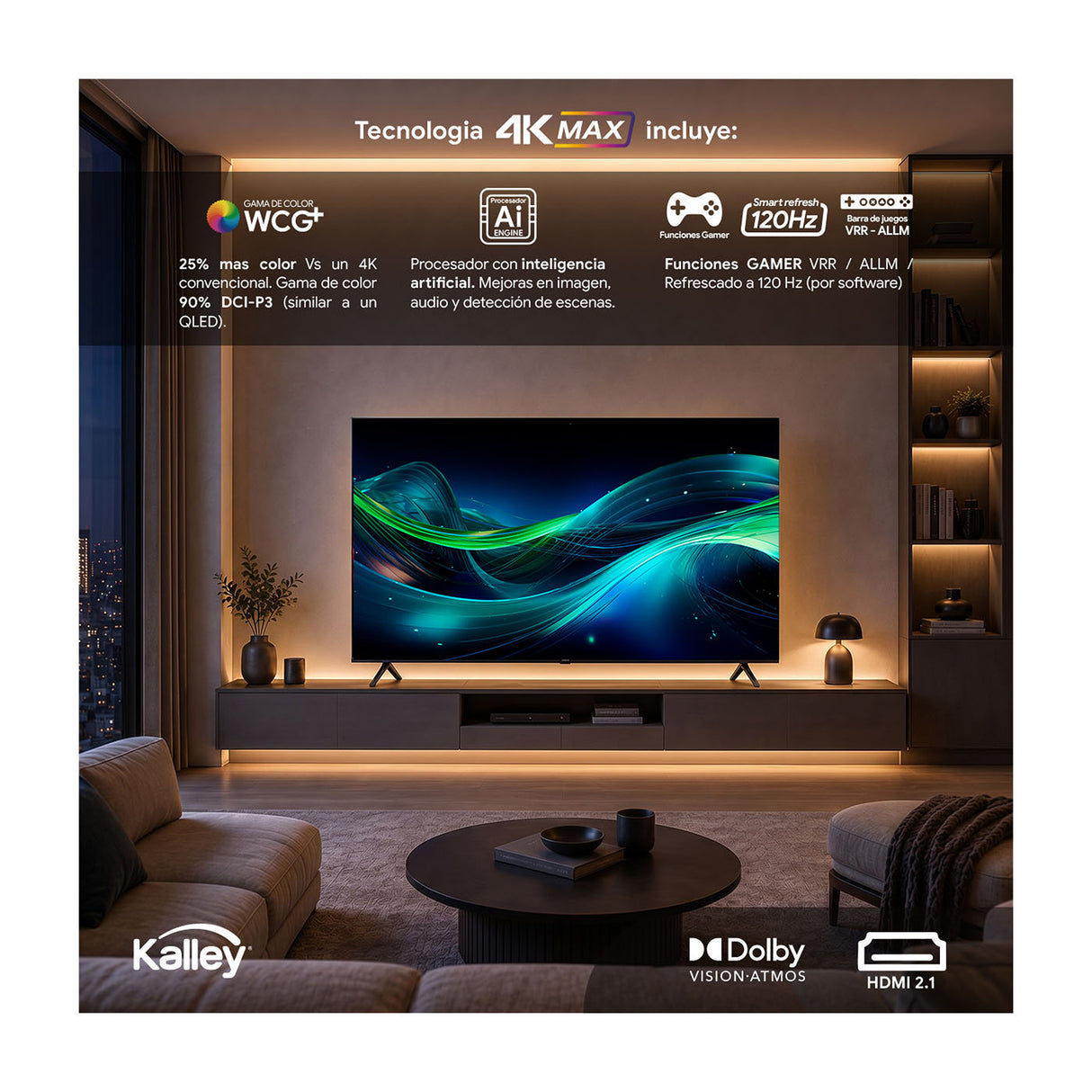 Televisor Kalley Google TV LED Negro 4K 2160P 111.1x71.07cm de 50" Pulgadas Smart con Wifi y Bluetooth