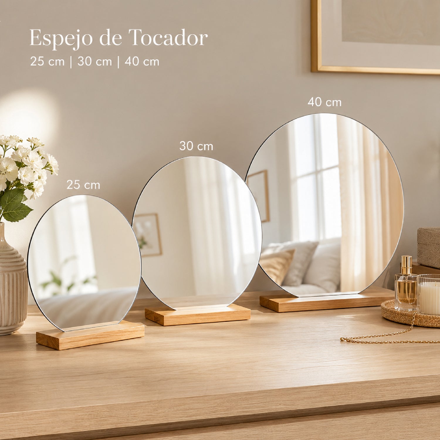 Espejo de Tocador 30x30cm Redondo con Base de Madera Color Natural