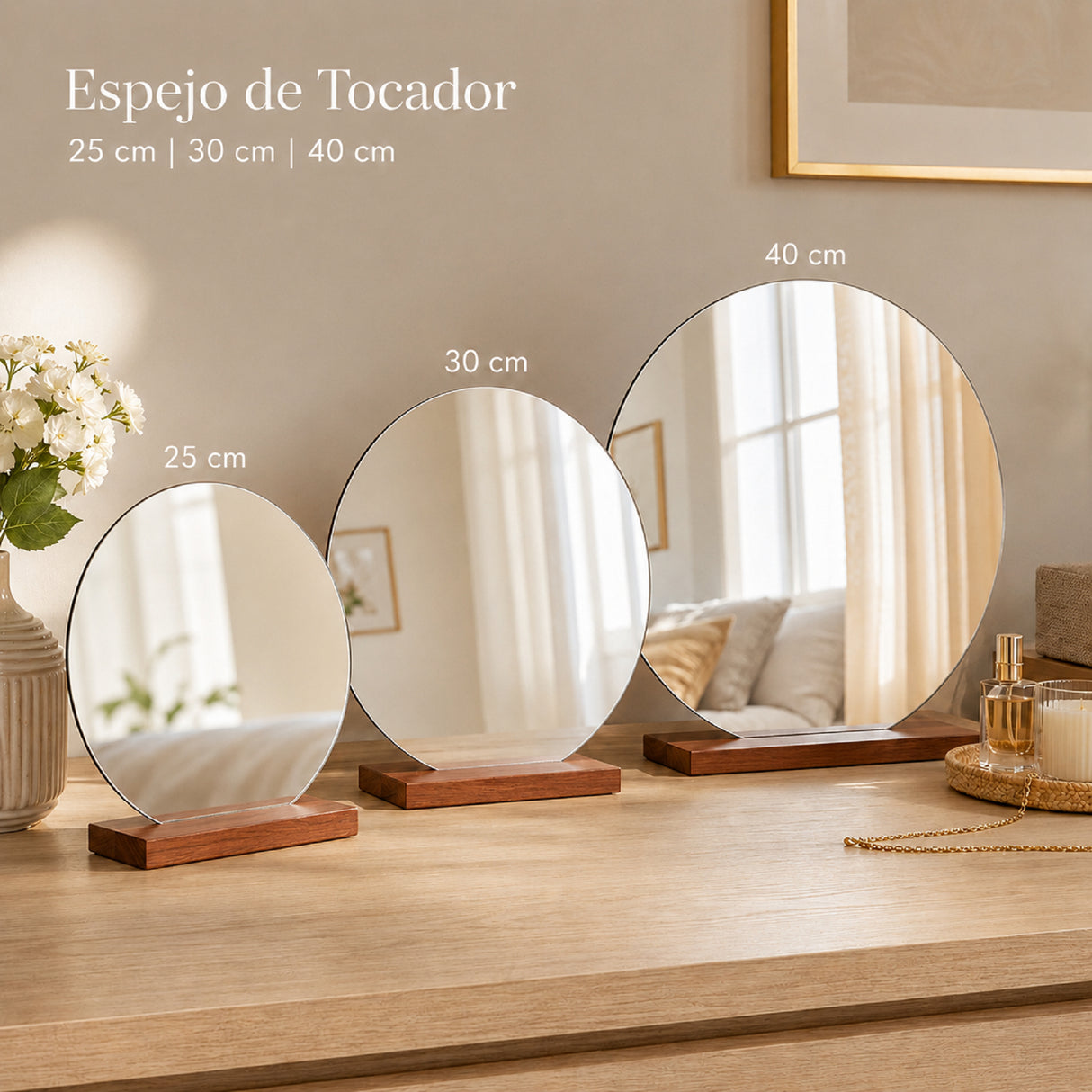 Espejo de Tocador 30x30cm Redondo con Base de Madera Color Caoba