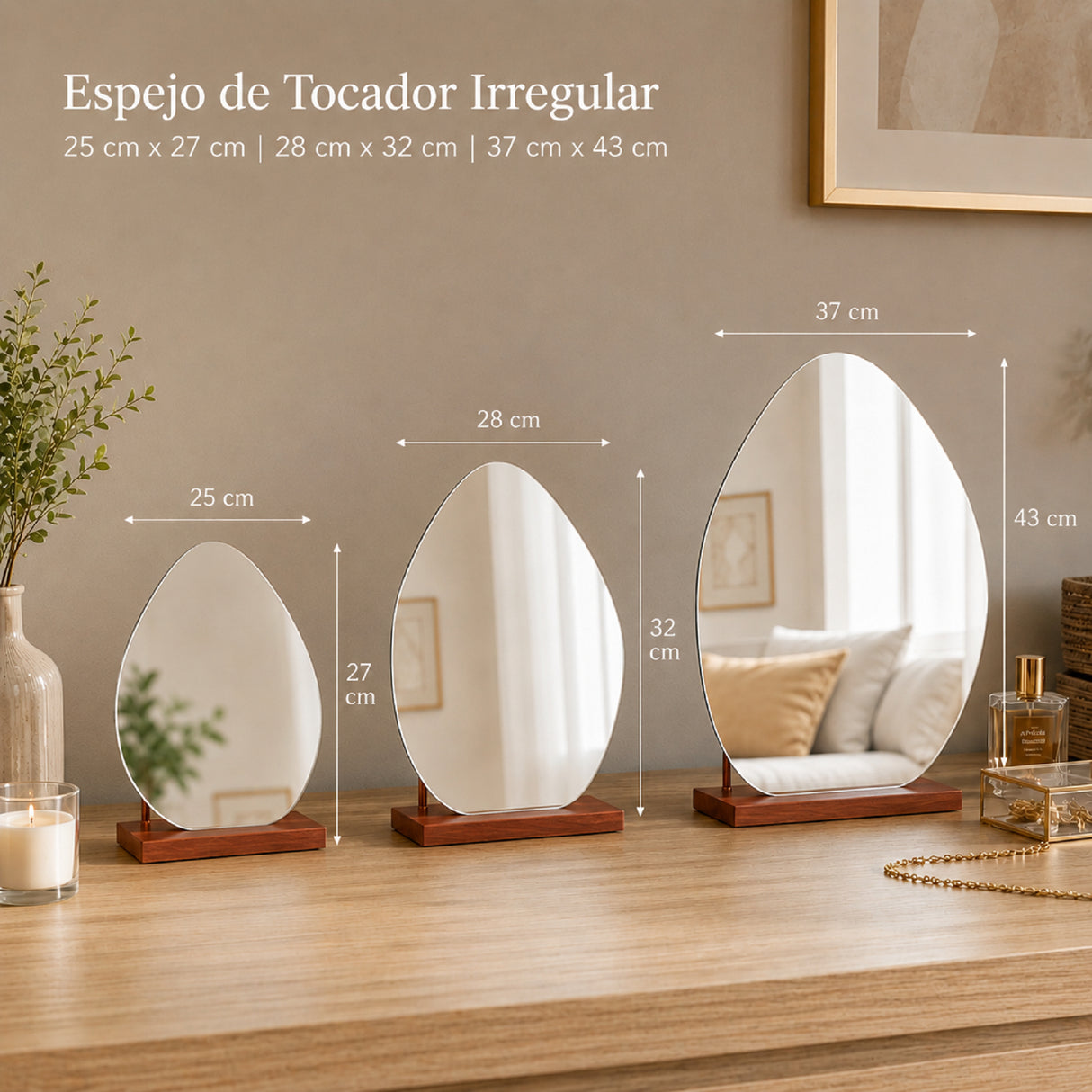 Espejo de Tocador 28x32cm Asimetrico con Base de Madera Color Caoba