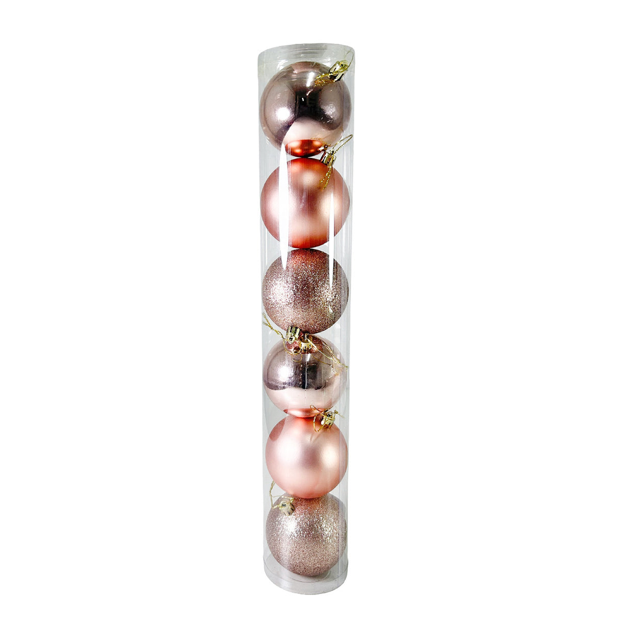 Tubo X 6 Bolas Navideñas Combinada Oro rosa 8x8cm con Acabado Mixto Reutilizable