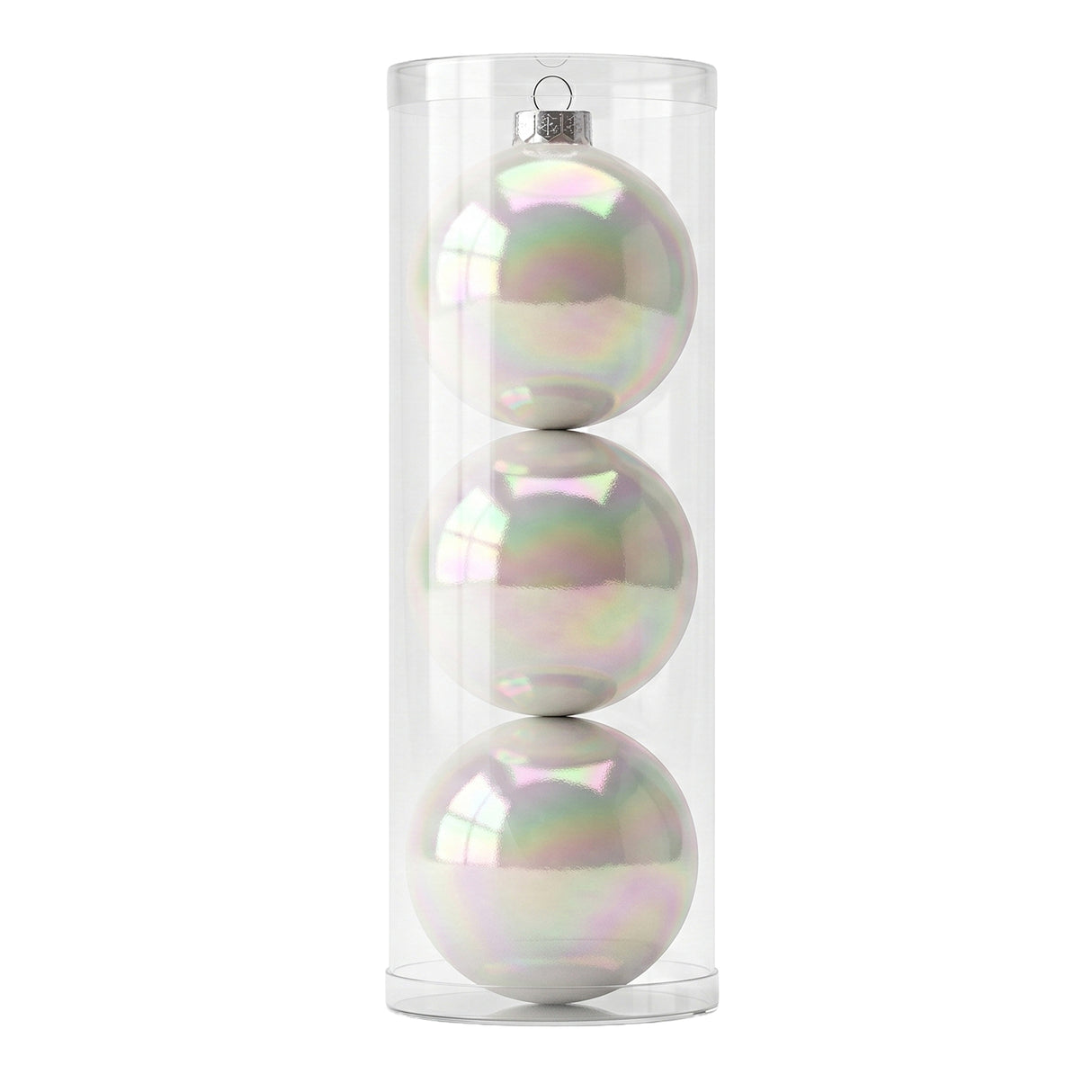 Tubo X 3 Bolas Navideñas Perlada Blanco Aurora Boreal 15x15cm con Acabado Brillante Reutilizable