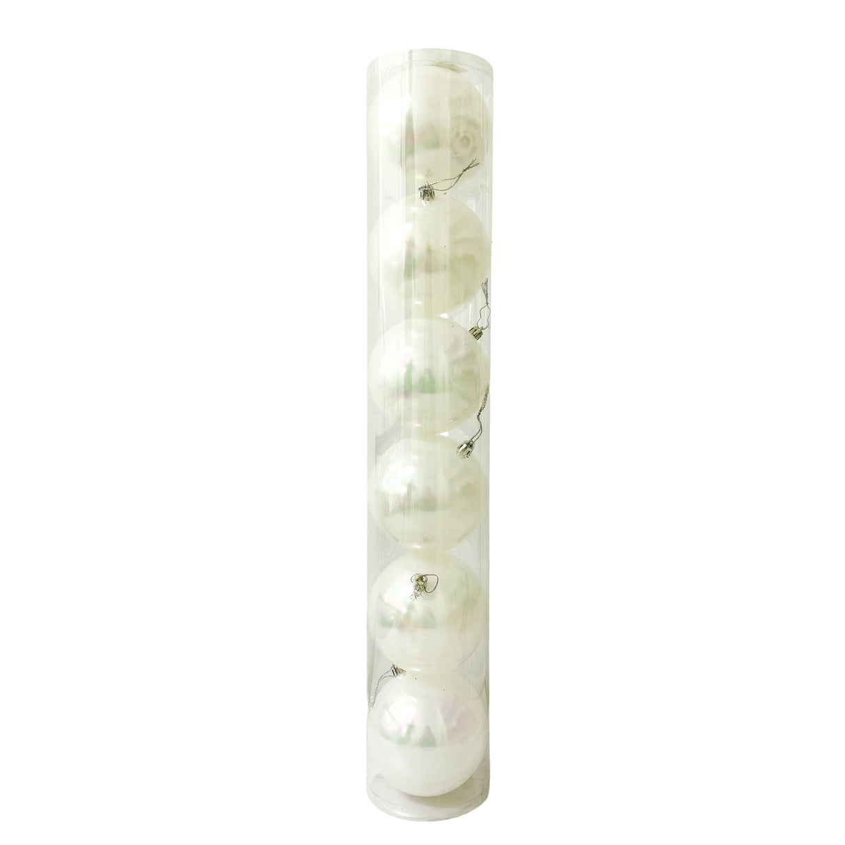 Tubo X 6 Bolas Navideñas Perlada Blanco Aurora Boreal 8x8cm con Acabado Brillante Reutilizable