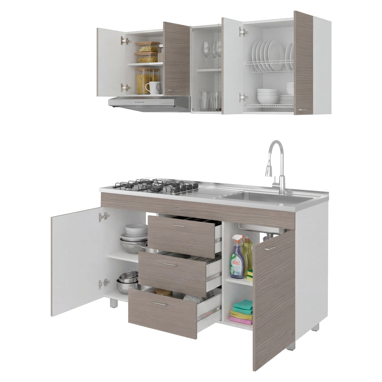 Cocina Lumina Blanco Positano 150x210cm con Mesón de Acero Inoxidable Lado Derecho y con Estufa