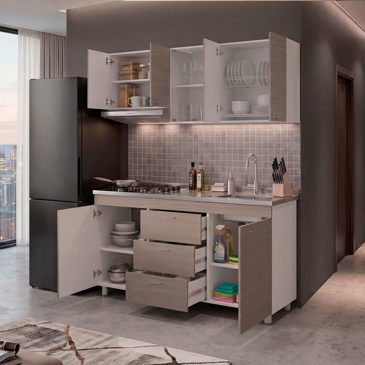 Cocina Lumina Blanco Positano 150x210cm con Mesón de Acero Inoxidable Lado Derecho y con Estufa