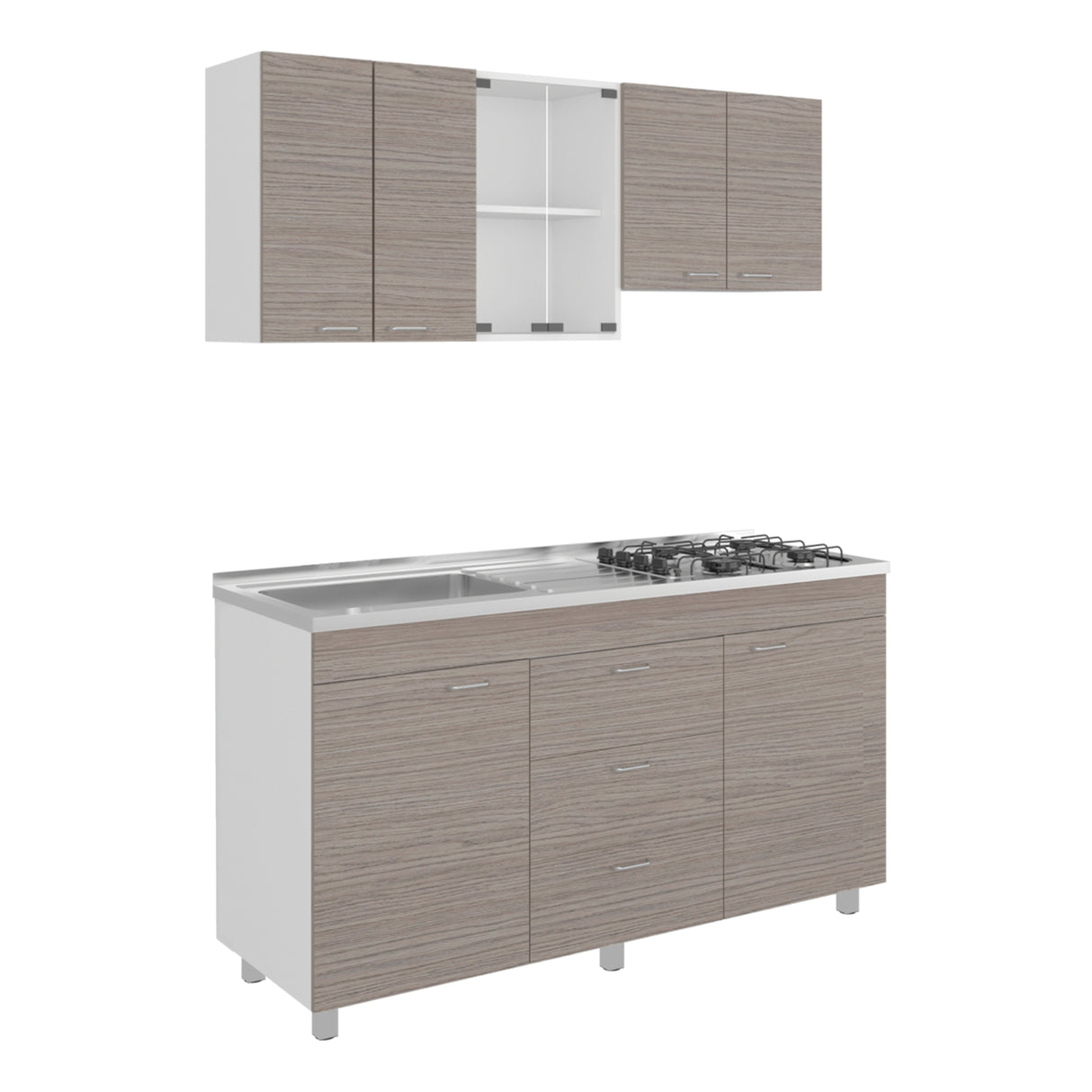 Cocina Lumina Blanco Positano 150x210cm con Mesón de Acero Inoxidable Lado Izquierda y con Estufa