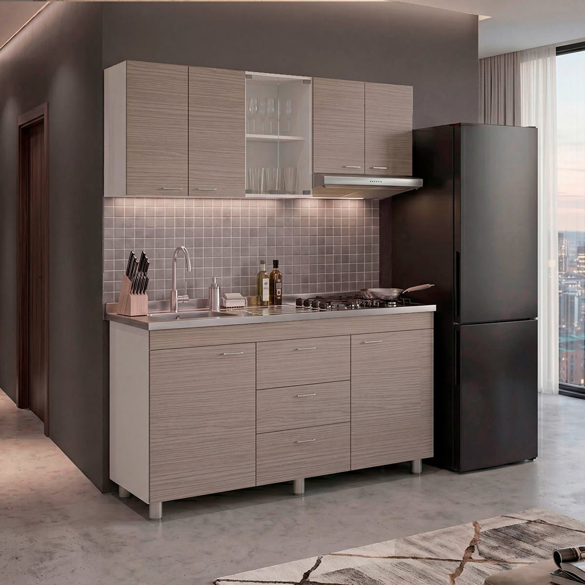 Cocina Lumina Blanco Positano 150x210cm con Mesón de Acero Inoxidable Lado Izquierda y con Estufa