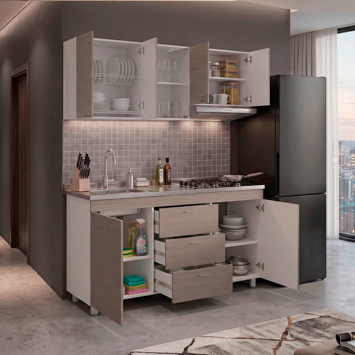 Cocina Lumina Blanco Positano 150x210cm con Mesón de Acero Inoxidable Lado Izquierda y con Estufa