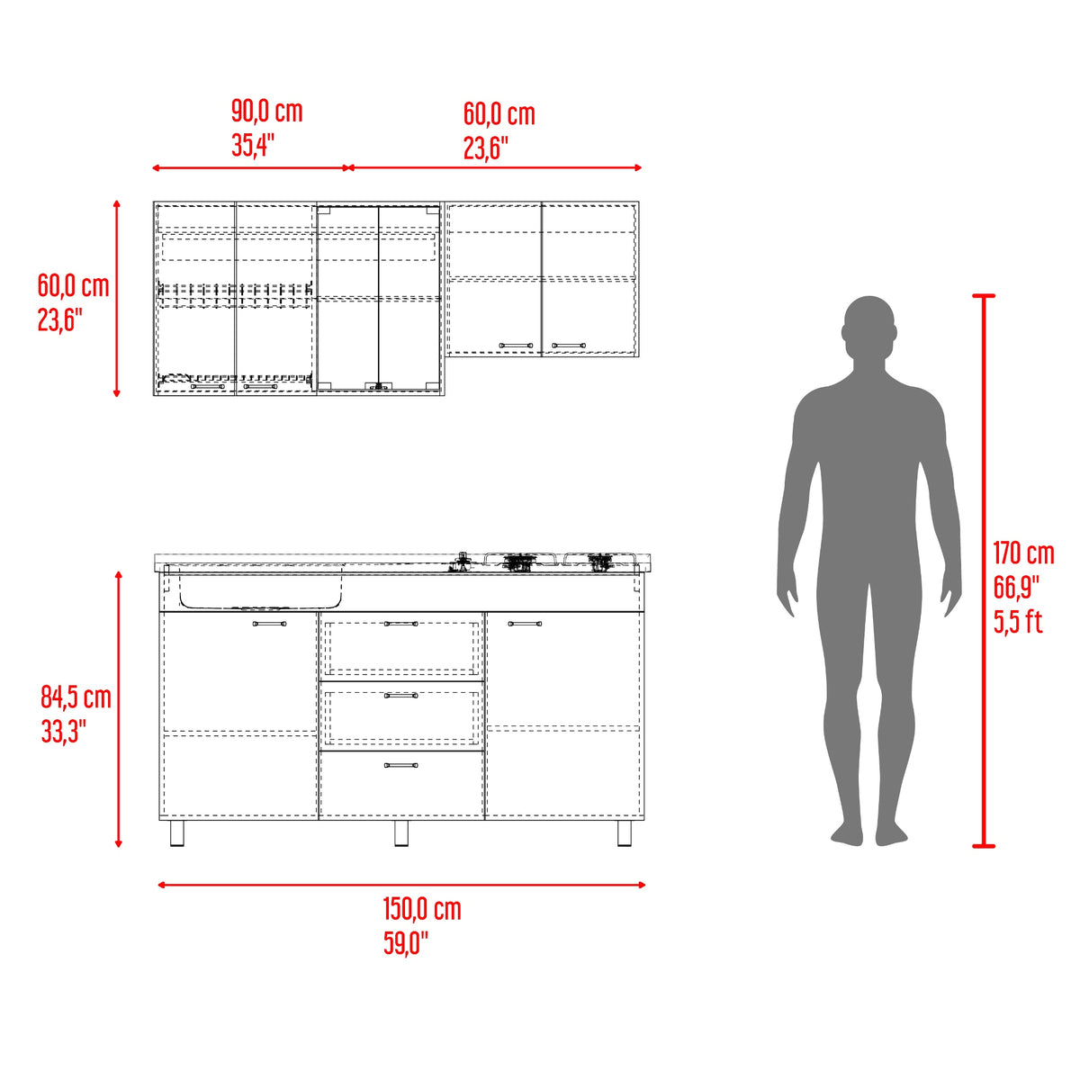 Cocina Lumina Blanco Positano 150x210cm con Mesón de Acero Inoxidable Lado Izquierda y con Estufa