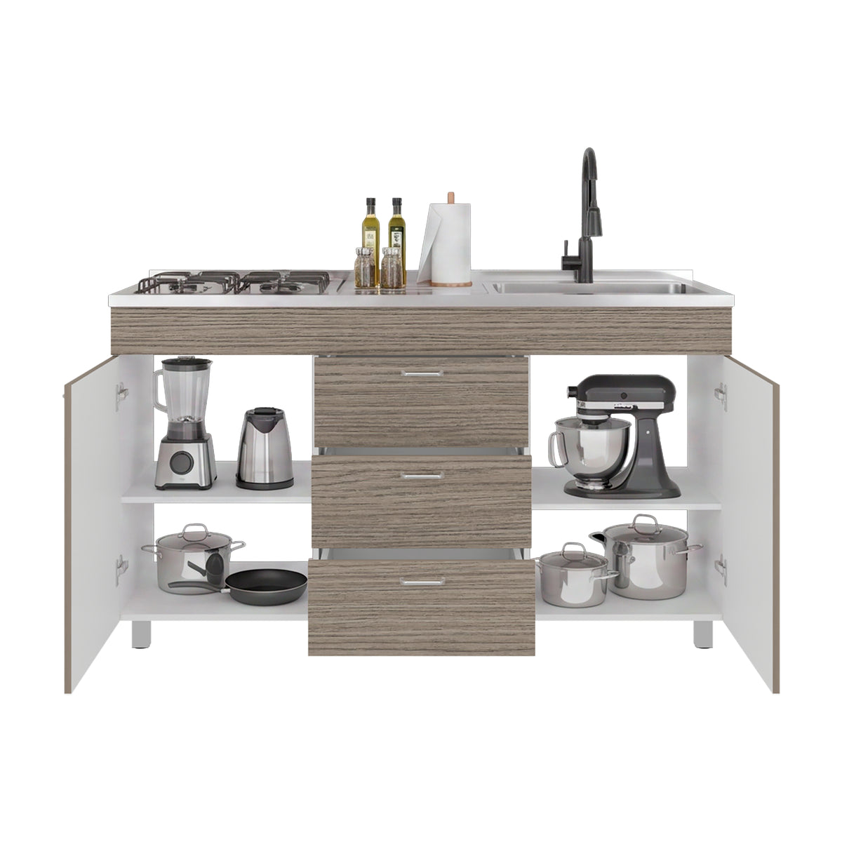 Mueble Inferior de Cocina Lumina Blanco Positano 150x84.5cm con Mesón de Acero Inoxidable Lado Derecho y con Estufa