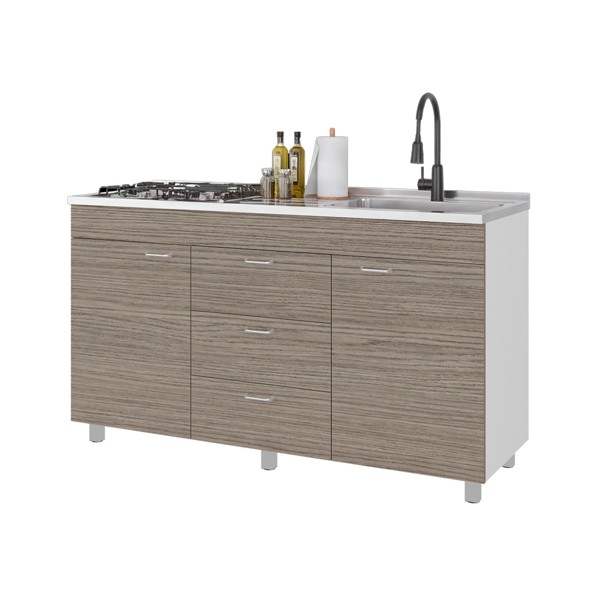 Mueble Inferior de Cocina Lumina Blanco Positano 150x84.5cm con Mesón de Acero Inoxidable Lado Derecho y con Estufa
