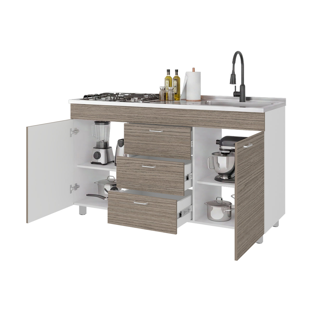 Mueble Inferior de Cocina Lumina Blanco Positano 150x84.5cm con Mesón de Acero Inoxidable Lado Derecho y con Estufa