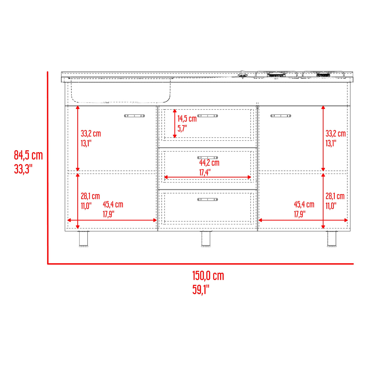 Mueble Inferior de Cocina Lumina Blanco Positano 150x84.5cm con Mesón de Acero Inoxidable Lado Izquierdo y con Estufa