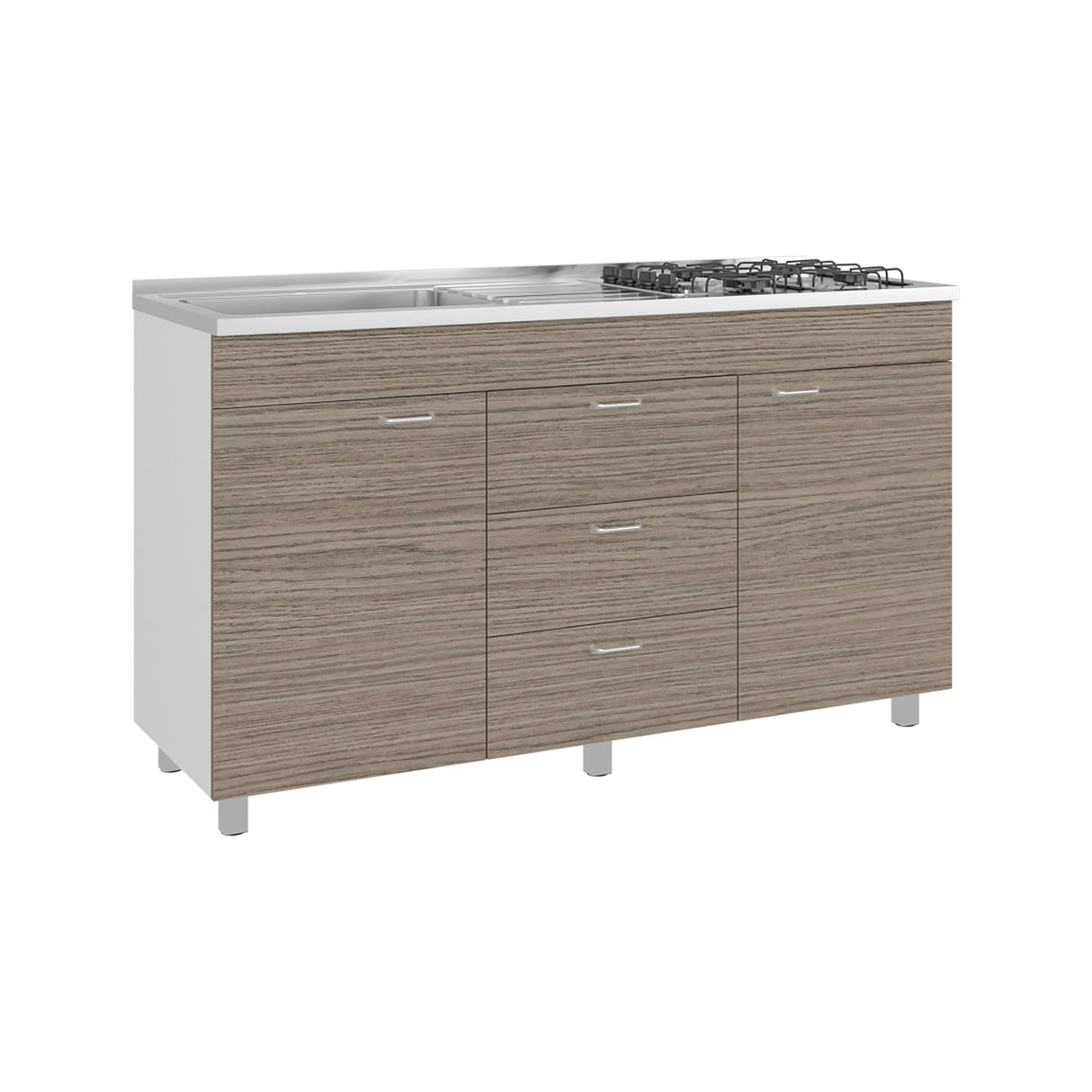 Mueble Inferior de Cocina Lumina Blanco Positano 150x84.5cm con Mesón de Acero Inoxidable Lado Izquierdo y con Estufa