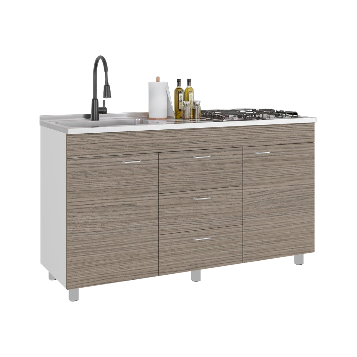 Mueble Inferior de Cocina Lumina Blanco Positano 150x84.5cm con Mesón de Acero Inoxidable Lado Izquierdo y con Estufa