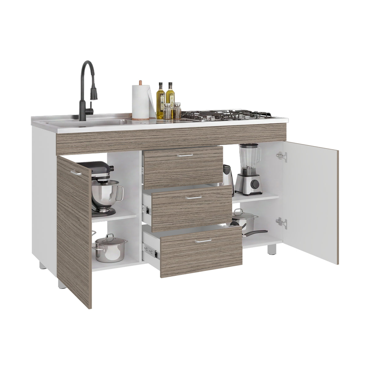 Mueble Inferior de Cocina Lumina Blanco Positano 150x84.5cm con Mesón de Acero Inoxidable Lado Izquierdo y con Estufa