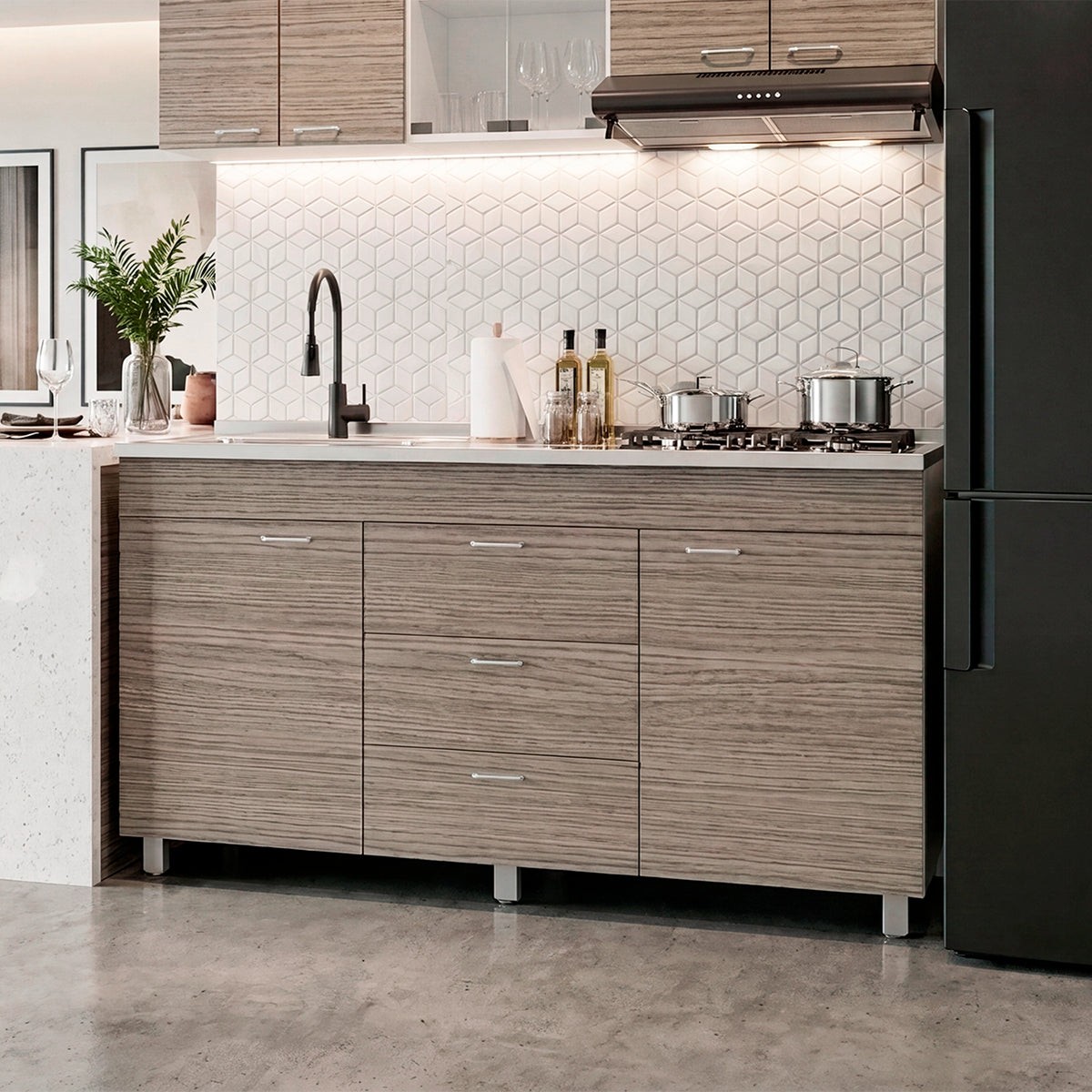 Mueble Inferior de Cocina Lumina Blanco Positano 150x84.5cm con Mesón de Acero Inoxidable Lado Izquierdo y con Estufa