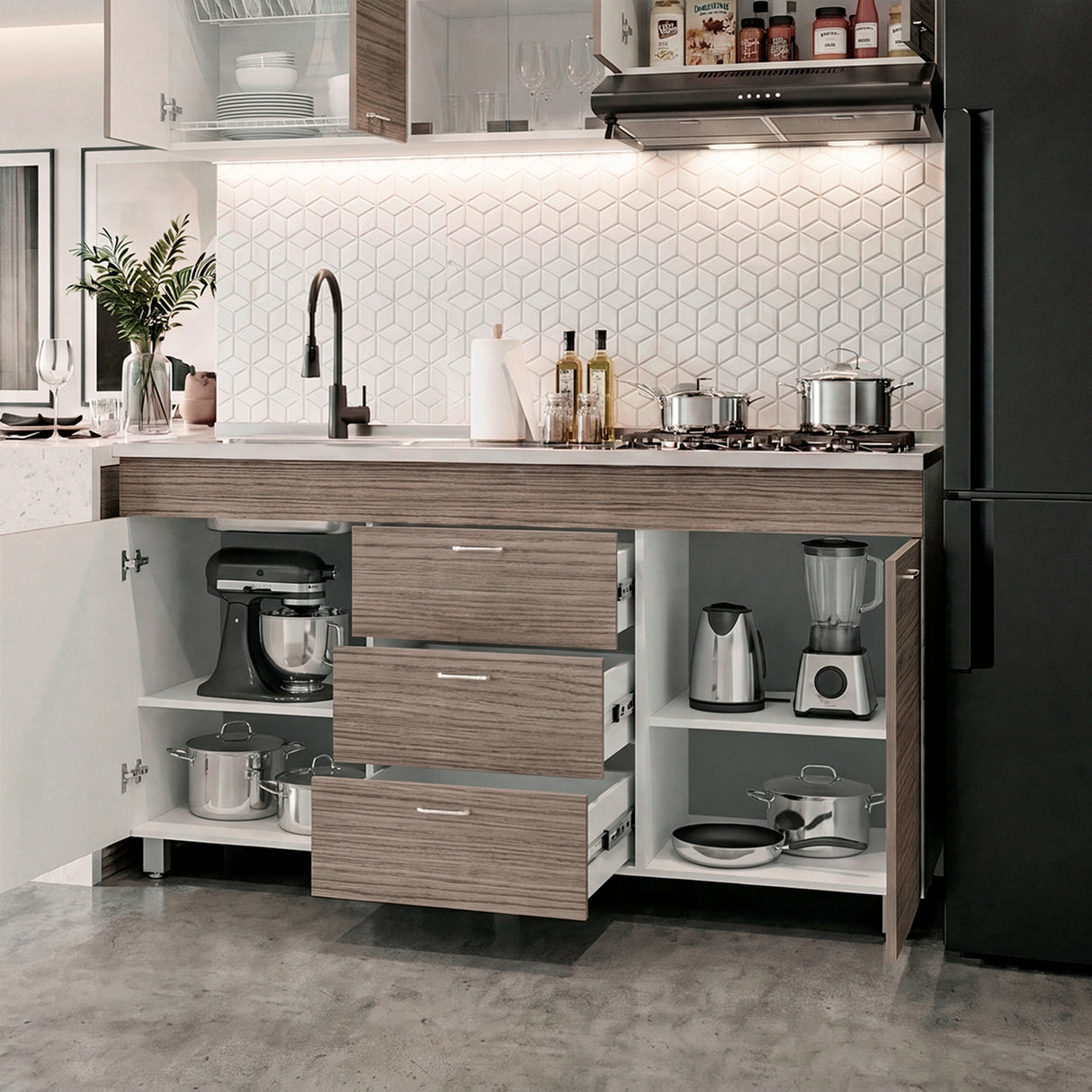 Mueble Inferior de Cocina Lumina Blanco Positano 150x84.5cm con Mesón de Acero Inoxidable Lado Izquierdo y con Estufa